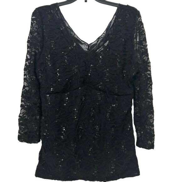 Boston Proper Tops - Boston Proper Black Lace Sequin V-Neck Top XL Made USA Y2K Evening Sheer Sleeves